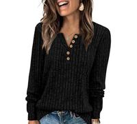 MixShe Womens Henley Sweaters 2025 Fall Winter Ribbed Knit V Neck Button Pullover Long Sleeve Tops, Black, XL