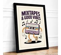 Mixtapes & Good Vibes Typography Framed Wall Art Print A1 (84.1×59.4cm) Black, Wall Decor for Living Room, Bedroom, Office & Home, Ready to Hang, Art Gift