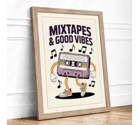 Mixtapes & Good Vibes Typography Framed Wall Art Print A1 (84.1×59.4cm) Oak, Wall Decor for Living Room, Bedroom, Office & Home, Ready to Hang, Art Gift