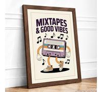 Mixtapes & Good Vibes Typography Framed Wall Art Print A1 (84.1×59.4cm) Walnut, Wall Decor for Living Room, Bedroom, Office & Home, Ready to Hang, Art Gift