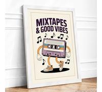 Mixtapes & Good Vibes Typography Framed Wall Art Print A1 (84.1×59.4cm) White, Wall Decor for Living Room, Bedroom, Office & Home, Ready to Hang, Art Gift