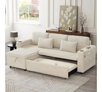 Mixtric 3 in 1 Convertible Corduroy Sofa Bed with Storage Chaise, L Shaped Sleeper Sofa Couches with Armrest Storage And Charging Station. Pullout Sectional Daybed,Grey