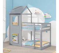 Mixtric 3FT Treehouse Bunk Bed,Single Bed, Cabin Bed Frame, Mid-Sleeper with Treehouse Canopy & Ladder,Grey,90X190CM