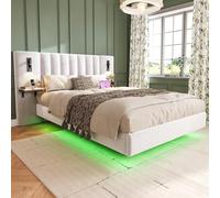 Mixtric Upholstered Bed, Adults Teenagers 4ft6 Double Bed 135x190cm, 2 Bedside Lamps, Headboard Storage Function, With Charging Socket, With Light Strip Under The Bed, Soft Headboard,B