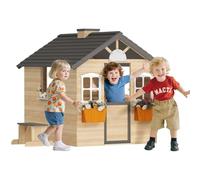 Mixtric Wooden Kids Playhouse Cottage with Play Kitchen, Snack Bar, Half Door, Toy Phone, Windows, Flowerpot Holders, and Working Doorbell for Outdoor Imaginative Play