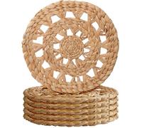 MIXUMON Woven Placemats Round, Natural Water Hyacinth Wicker Placemat for Dining Table, Large Handmade Woven Placemats Heat Resistant Non-Slip (12" - Set of 6)