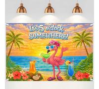 Mixweer It's 5 O' Clock Somewhere Summer Backdrop Parrot Banner Beach Hawaii Decoration Polyester Background Nautical Cocktails Drinks Bar Party Supplies Holiday Photo Booth Prop (Flamingos)