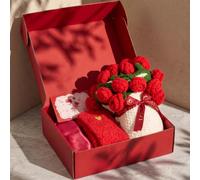 Mixweer Self Care Pack for Women Rose Flower Bouquet Blanket with Red Rose, Handmade Knitted Blanket with Burgundy Eye Mask and Socks Romantic Thinking of You Gift Box for Wife Mom Female Friend