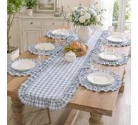 Mixweer Table Runner and Placemats Set of 6 Blue Round Plaid Ruffled Table Placemats with 1 Pcs Blue Plaid Gingham Ruffle Tables Runner 12 x 69'' for Dining Room Wedding Kitchen Rustic Home Decoration