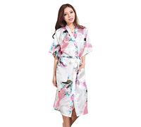MIYAA Women's Dressing Gown,Satin Japanese Print Robe Soft Oblique V-Neck Half Sleeve Long Bathrobe,Bride Bridesmaid Casual Nightwear Kimono For Wedding Party,White,S