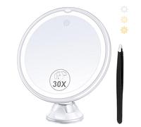 MIYADIVA Magnifying Mirror with Light 30X, 30X Magnifying Makeup Mirror for Precision Makeup, 3 Colors Modes and Adjustable Brightness, 360°Rotating Suction Cup mirror for Bathroom Mirrors 8 Inches