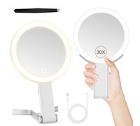MIYADIVA Makeup Mirror with Lighting, 2-Sided Magnifying Mirror with Light 30X, 3-in-1 Handheld Tabletop Hanging, 3 Lighting and Adjustable Brightness for Travel Offices Bedroom Gifts for women White