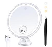 MIYADIVA Rechargeable 30X Magnifying Mirror with Light, Bathroom Makeup Mirror with Suction Cup, 3 Colors Lights, Adjustable Brightness, 360 Rotating, 1500mAh