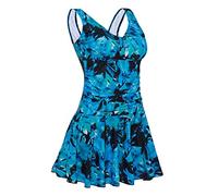 MiYang Women's Plus-Size Flower Printing Shaping Body One Piece Swim Dresses Swimsuit, Deep Blue Leaf, 26-28