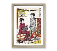 Miyanoshita Hot Spring By Torii Kiyonaga Asian Japanese Framed Wall Art Print, Ready to Hang Picture for Living Room Bedroom Home Office Décor, Oak A2 (64 x 46 cm)