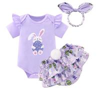 Miyanuby Baby Girl Easter Outfit Bunny Print Short Sleeve Romper Elastic Waist Shorts with Headband 3Pcs Clothes Set Purple