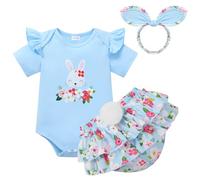 Miyanuby Baby Girl Easter Outfit Bunny Print Short Sleeve Romper Elastic Waist Shorts with Headband 3Pcs Clothes Set Blue