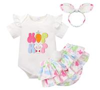 Miyanuby Baby Girl Easter Outfit Bunny Print Short Sleeve Romper Elastic Waist Shorts with Headband 3Pcs Clothes Set White