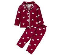 Miyanuby Baby Girl Valentine's Day Pajamas Set Toddler Long Sleeve Lapel Neck Heart Print Shirt Long Pants Kids Button Stain Sleepwear 2Pcs Red