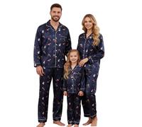 Miyanuby Christmas Family Pajamas Matching Sets Long Sleeve Button Down Satin Pjs Men Women Kids Satin 2025 Fashion Holiday Sleepwear Pants Set Navy Blue