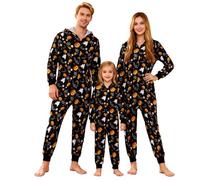 Miyanuby Halloween Family Matching Onesie Pyjamas Hooded Zipper Pjs Women Men Ghost Pumpkin All-over Print Holiday Costume Loungewear for Adult Kids Couples Nightwear