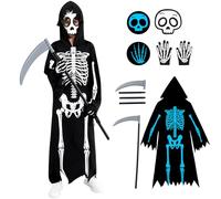 Miyanuby Kids Halloween Skeleton Costumes Glow in the Dark Skeletons Cloak Robe Boys Girls Halloween Costume Grim Reaper Outfit,Cloak+Mask+Gloves+Scythe Set (10-12 Years)