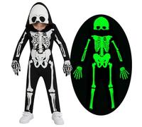 Miyanuby Kids Halloween Skeleton Costumes Toddler Boys Girls Glow in The Dark Skull Bones Luminous Hooded Jumpsuit with Gloves Baby Children Chucky Costume White
