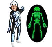 Miyanuby Kids Halloween Skeleton Costumes Toddler Boys Girls Glow In The Dark Skull Bones Luminous Hooded Jumpsuit with Gloves Baby Children Chucky Costume
