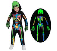 Miyanuby Kids Halloween Skeleton Costumes Toddler Boys Girls Glow in The Dark Skull Bones Luminous Hooded Jumpsuit with Gloves Baby Children Chucky Costume Blue-Green