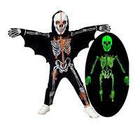 Miyanuby Kids Halloween Skeleton Fancy Dress Toddler Glow in The Dark Luminous Costume Skull Bone Bat Jumpsuit Boys Girls Scary Cosplay Bodysuit with Gloves for 3-10T