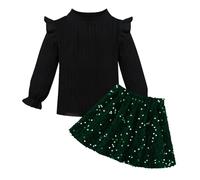 Miyanuby Toddler Baby Girl Sequin Fall Clothes Outfits Solid Long Sleeve T-Shirt Top Sparkly Sequin Skirt Set 2Pcs Kids Party Holiday Outfit Green