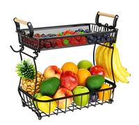 Miyawell Fruit Basket, 2 Tier Fruit Bowl with 2 Banana Hanger, Kitchen Countertop Rack, Vegetable Counter Holder, Large Metal Bowls Perfect for Holding Fruits, Vegetables, Snacks, Cupcakes, Black