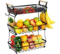 Miyawell Fruit Basket, 3 Tier Fruit Bowl with 2 Banana Hanger, Kitchen Countertop Rack, Vegetable Counter Holder, Large Metal Bowls Perfect for Holding Fruits, Vegetables, Snacks, Cupcakes, Black