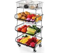Miyawell Fruit Vegetable Storage Basket Rack, 4 Tier Stackable Metal Wire Storage Baskets on Wheels, Fruit Vegetable Produce Basket Organizer Bins for Kitchen, Pantry, Bathroom Black
