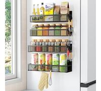 Miyawell Magnetic Spice Rack for Refrigerator, 4-Pack Magnetic Shelf, Fridge Organiser Shelves with Movable 8 Hooks for Kitchen Organization and Storage, Metal & Black