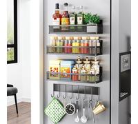 Miyawell Magnetic Spice Rack for Refrigerator, 4 Pack Magnetic Shelf, Fridge Organizer Magnet Shelves for Kitchen Organization and Storage, Moveable Seasoning Racks with 8 Hooks, Metal&Black