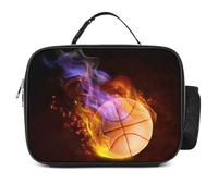 Miyeiw Custom Basketball Lunch Bag with Fire Pattern, Personalised Sports-Themed Lunch Box with Name/Text for Boys Men, Black Portable Insulated Meal Bag with Handle & Bottle Holder