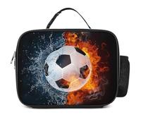 Miyeiw Football Lunch Bag Personalised Lunch Box with Name/Text, Custom Sports Soccer Meal Bag for Boys Men, Cool Water & Fire Pattern Black Portable Insulated Lunch Bag with Water Bottle Holder