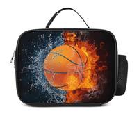 Miyeiw Personalised Basketball Lunch Bag with Name/Text, Custom Sports-Themed Lunch Box for Boys Men, Cool Water & Fire Pattern Black Portable Insulated Meal Bag with Handle & Bottle Holder