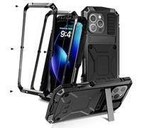 MIYIYQP Compatible for iPhone 16 Pro 5G Case with Stand Kickstand & Built-in Camera & Screen Protector, Aluminum Metal Gorilla Glass Shockproof Military Heavy Duty Sturdy Protector Case (Black)