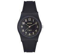 Miykon Men's Black Sports Analog Watch, 100M Waterproof, Shockproof Resin, Black Dial, Gold Arabic Numerals, 38 mm, The style of this watch is a sleek, minimalist, and modern design with a classic