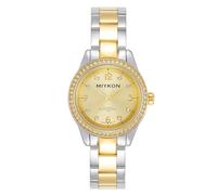 Miykon Women's Dainty Watch with Genuine Crystal, Stainless Steel Bracelet, Two-Tone Bracelet, Gold Dial, 31mm, The aesthetic choices for this product reflect a preference for elegant simplicity and