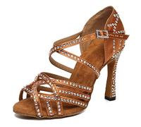 Miyoopark Womens Low High Heel Dance Shoes with Rhinestones Comfortable Wedding Evening Sandals L483 Brown 4" Heel UK 6