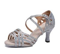 Miyoopark Womens Salsa Latin Dance Shoes with Rhinestones Wedding Evening Sandals Silver 7.5cm Heel UK 8
