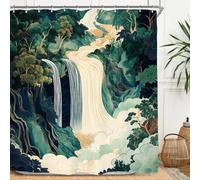 Miyotaa Abstract Waterfall Forest Shower Curtain Set 60Wx71H Inches Emerald Green Japanese Hokusai Aesthetic Landscape Forest Tree Polyester Waterproof Cloth Bathroom Curtain with 12 Hooks
