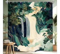 Miyotaa Abstract Waterfall Forest Shower Curtain Set 71Wx71H Inches Emerald Green Japanese Aesthetic Landscape Scene Tree Polyester Waterproof Cloth Bathroom Curtain with 12 Hooks
