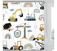 Miyotaa Construction Boys Shower Curtain Set 60Wx71H Inches Excavator Rainbow Kids Cartoon Cute Machinery Blue Yellow Polyester Waterproof Cloth Bathroom Curtain with 12 Hooks