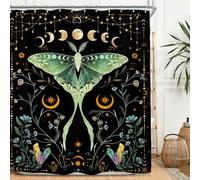 Miyotaa Moth Gothic Witchy Shower Curtain Set 60Wx71H Inches Night Moon Phase Plant Mysterious Black Botanical Moonlit Green Teal Polyester Waterproof Bathroom Curtain with 12 Hooks