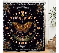 Miyotaa Moth Moon Phase Shower Curtain Set 60Wx71H Inches Witchy Gothic Butterfly Mushroom Mysterious Wildflower Black Brown Polyester Waterproof Bathroom Curtain with 12 Hooks