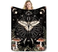 Miyotaa Moth Mushroom Gothic Flannel Blanket 50Wx60H Inch Gift Witchy Mysterious Moon Phase Goth Night Soft Warm Fuzzy Throw Blanket for Couch Sofa Office Bed Travelling Bed Throws Birthday Presents